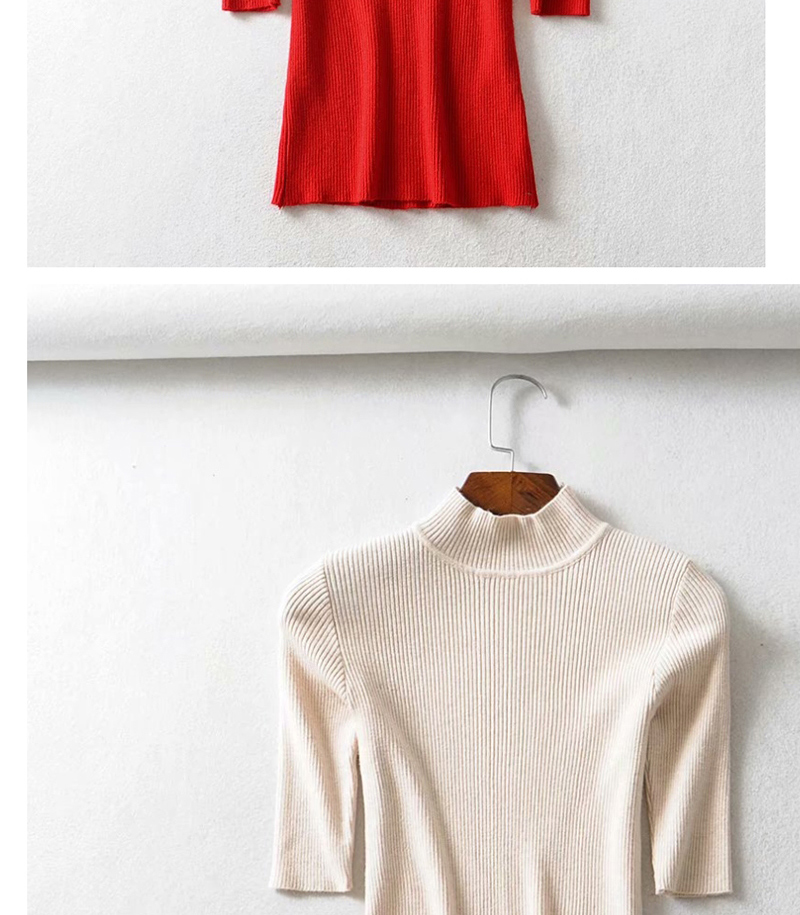 Fashion Red Threaded Collar Middle Sleeve Knit T-shirt,Tank Tops & Camis