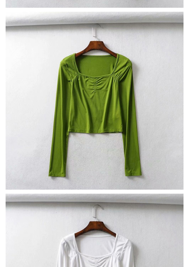 Fashion Coffee Color Elastic Square Neck Pleated Long Sleeve T-shirt,Hair Crown