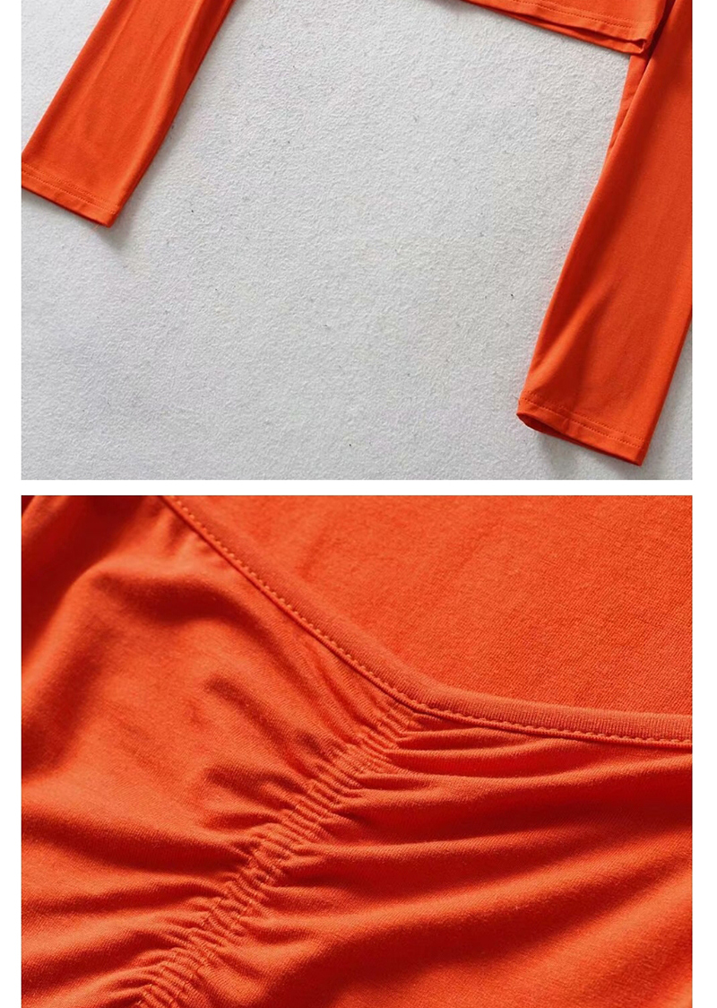 Fashion Orange Red Elastic Square Neck Pleated Long Sleeve T-shirt,Hair Crown