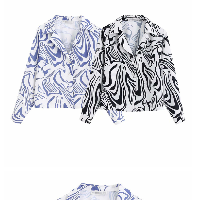 Fashion Blue Flower-print Lapel Single-breasted Shirt,Blouses