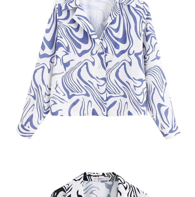 Fashion Blue Flower-print Lapel Single-breasted Shirt,Blouses