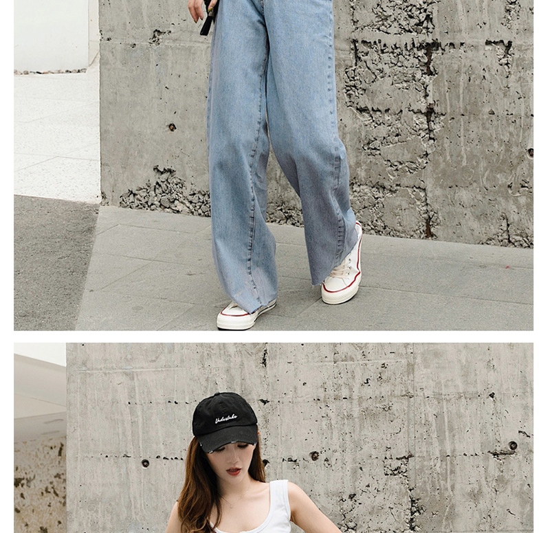 Fashion Blue Straight Washed Jeans With Twist Waistband,Pants