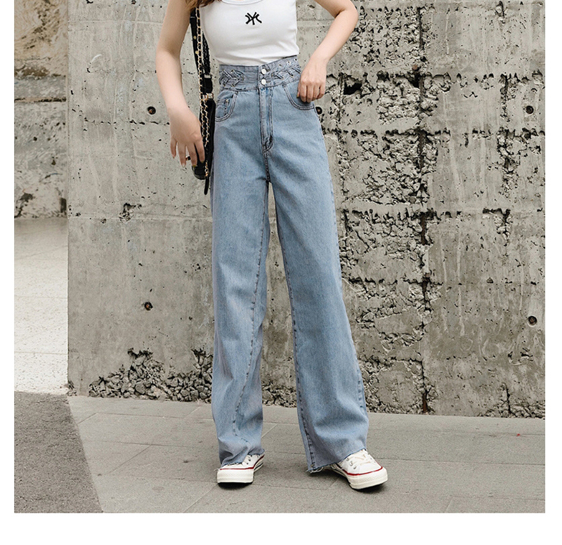 Fashion Blue Straight Washed Jeans With Twist Waistband,Pants