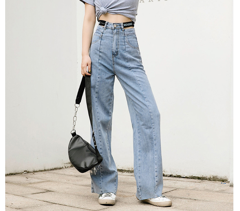 Fashion Gray Elastic Waist Open Letter Washed Frayed Jeans,Pants