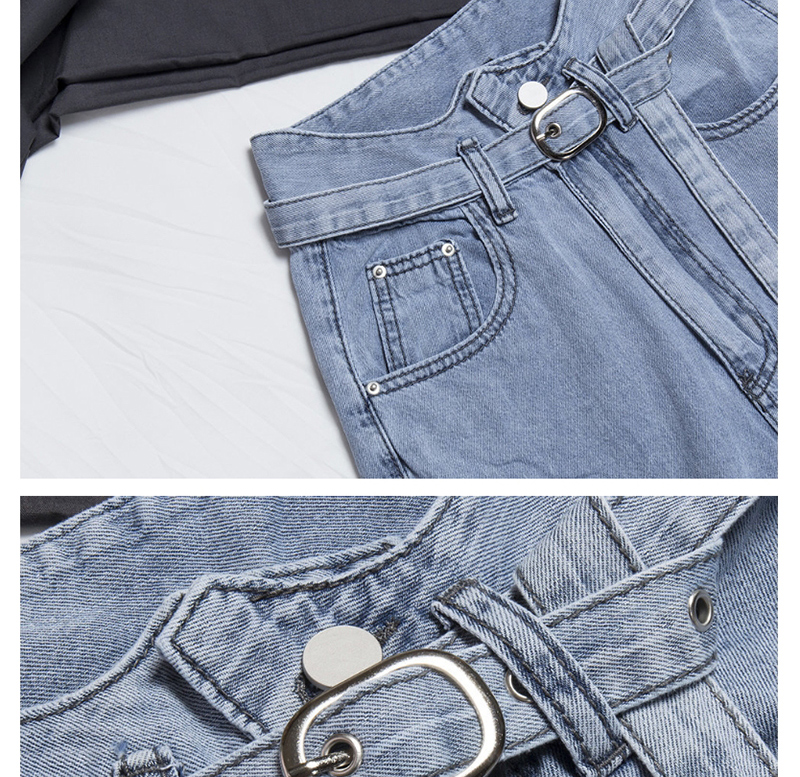 Fashion Blue Denim Washed Belt Stitching Straight Pants,One Pieces