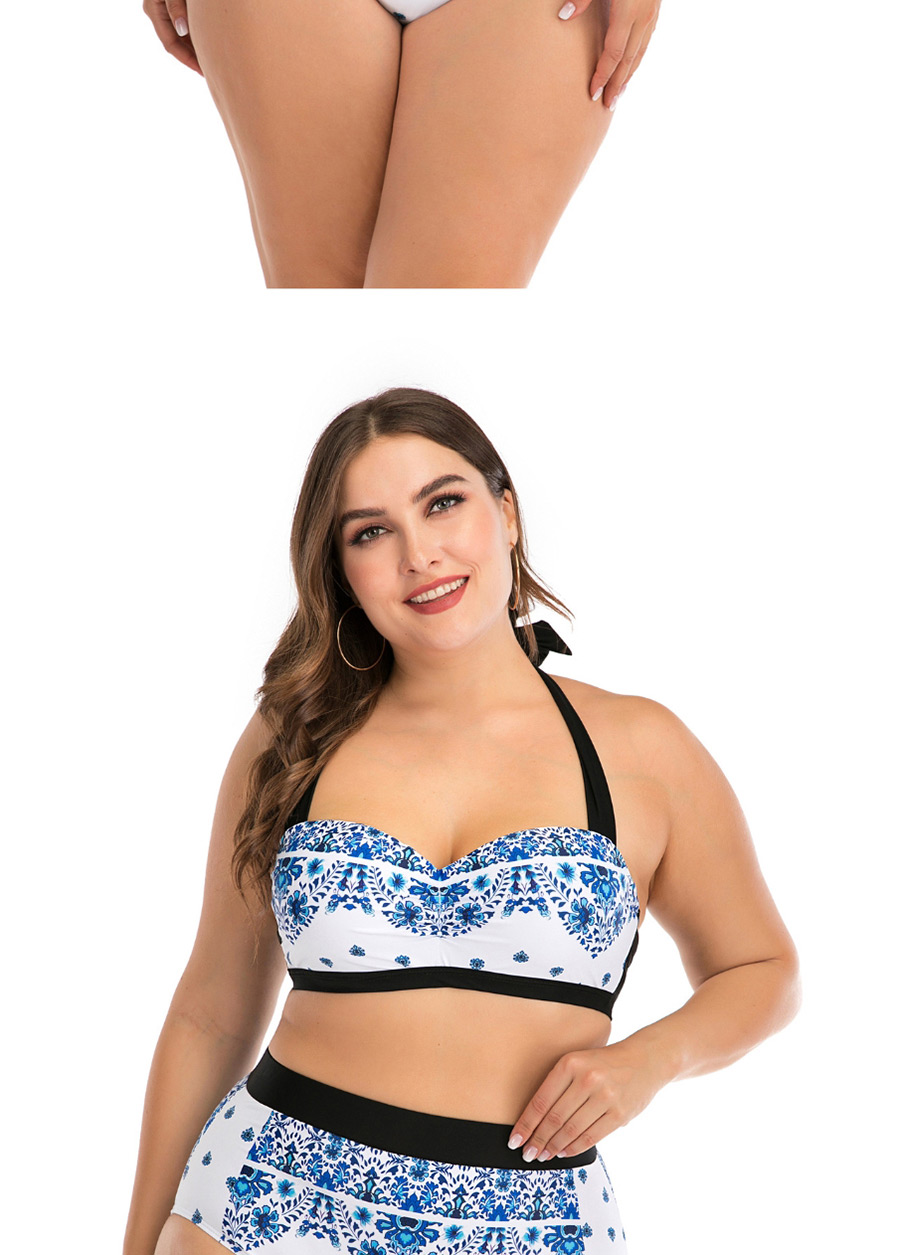 Fashion Blue Underwire Flower Print Stitching Contrast High Waist Large Size Split Swimsuit,Swimwear Plus Size