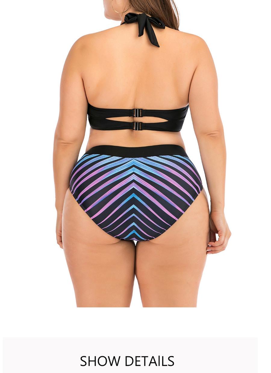 Fashion Purple Blue Large Print Split-line Swimsuit,Swimwear Plus Size