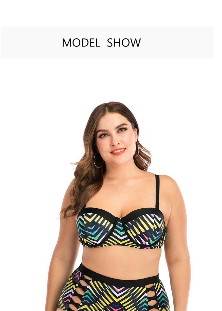 Fashion Color Underwire Striped Print Cutout High Waist Split Swimsuit,Swimwear Plus Size