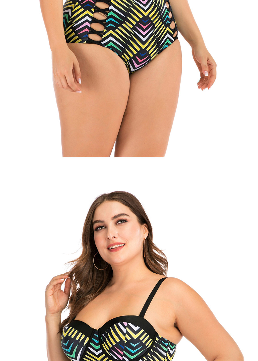 Fashion Color Underwire Striped Print Cutout High Waist Split Swimsuit,Swimwear Plus Size