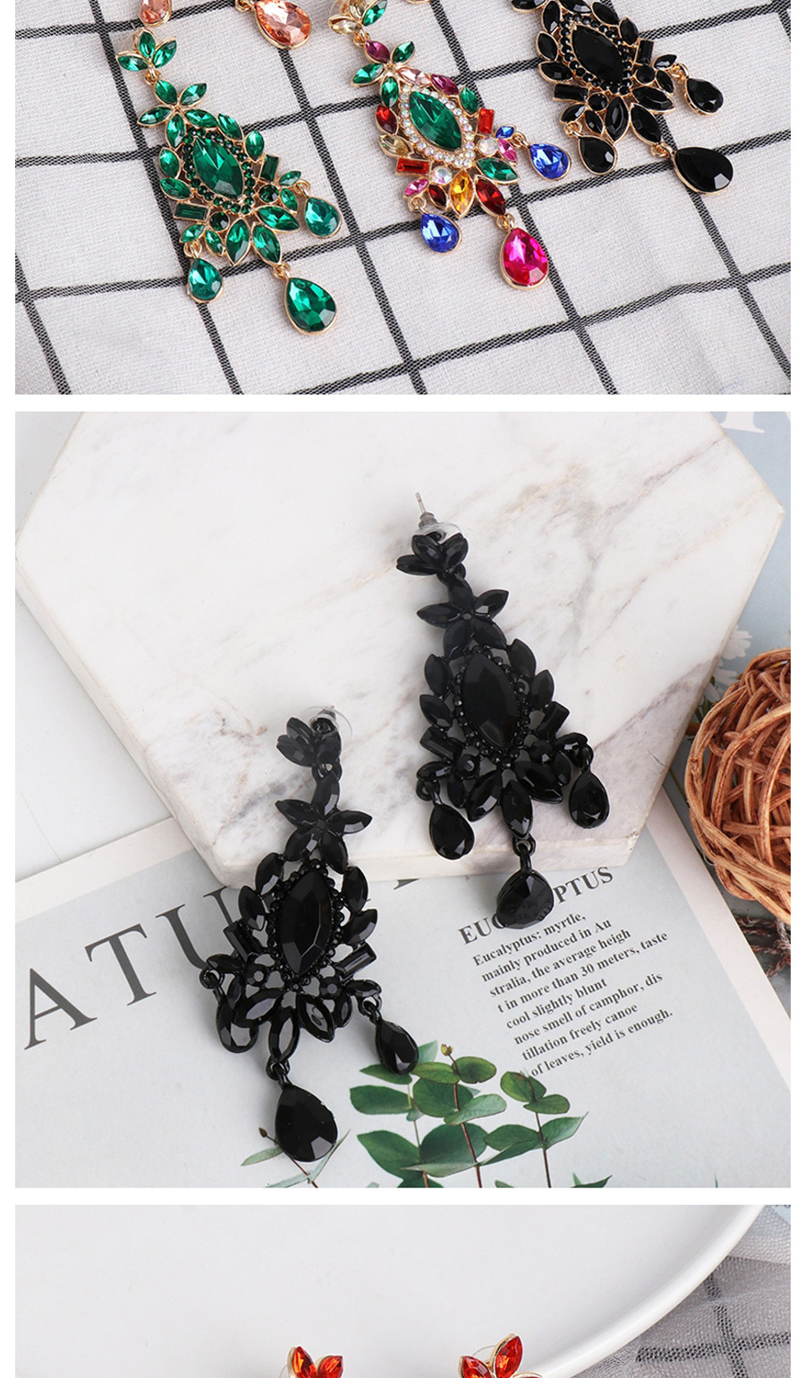 Fashion Gold + Black Geometric Drop Earrings With Diamonds And Flowers,Drop Earrings