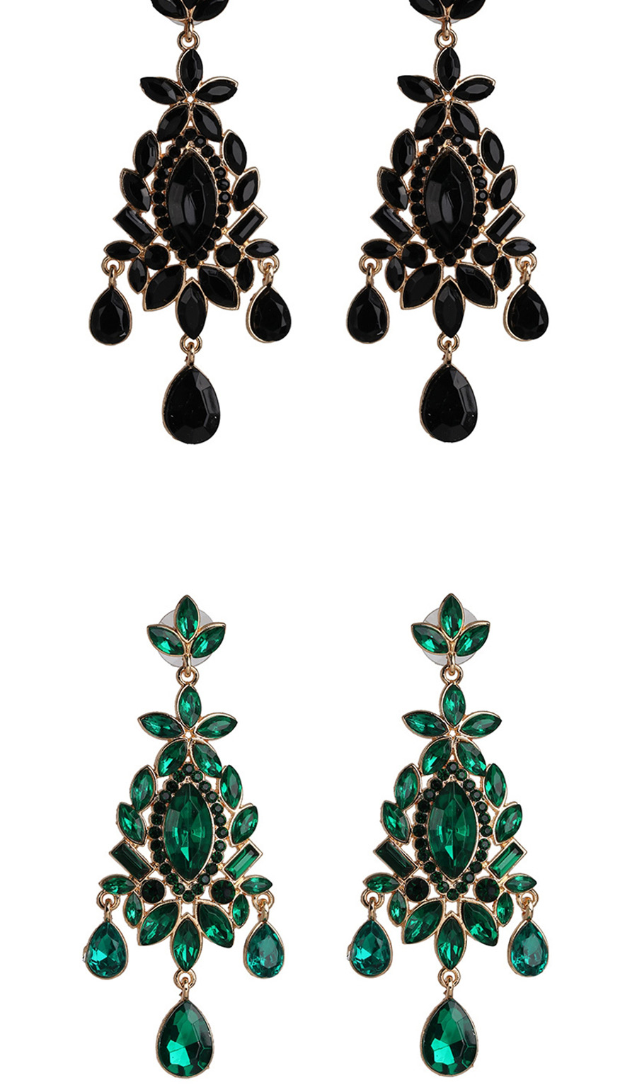 Fashion Gold + Black Geometric Drop Earrings With Diamonds And Flowers,Drop Earrings