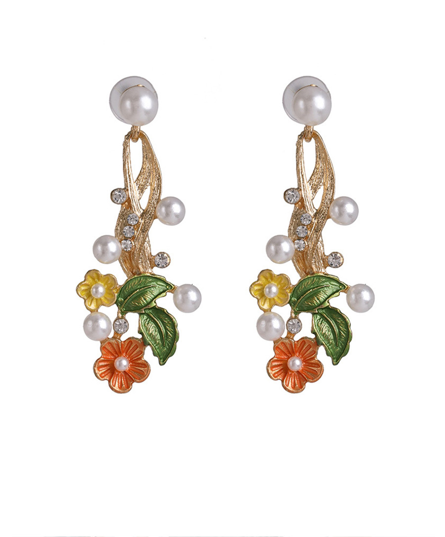 Fashion Red Pearl Oiled Flower Leaf Earrings With Diamonds,Drop Earrings