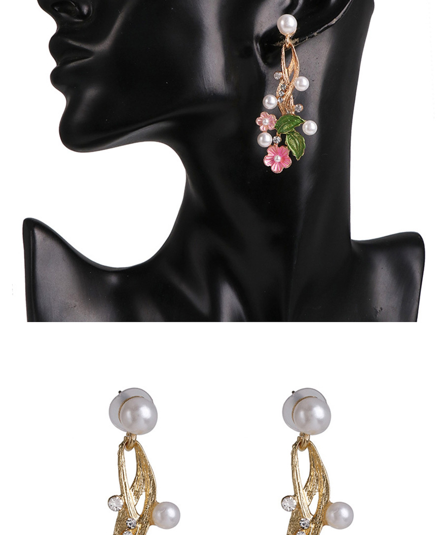 Fashion Pink Pearl Oiled Flower Leaf Earrings With Diamonds,Drop Earrings