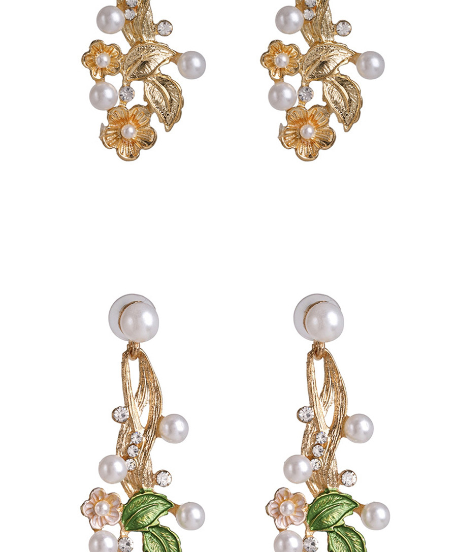 Fashion Pink Pearl Oiled Flower Leaf Earrings With Diamonds,Drop Earrings