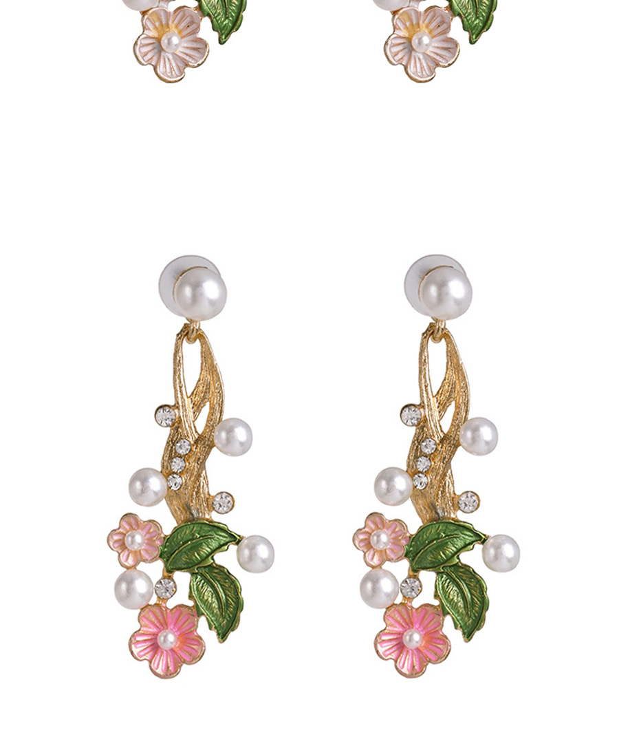Fashion Red Pearl Oiled Flower Leaf Earrings With Diamonds,Drop Earrings