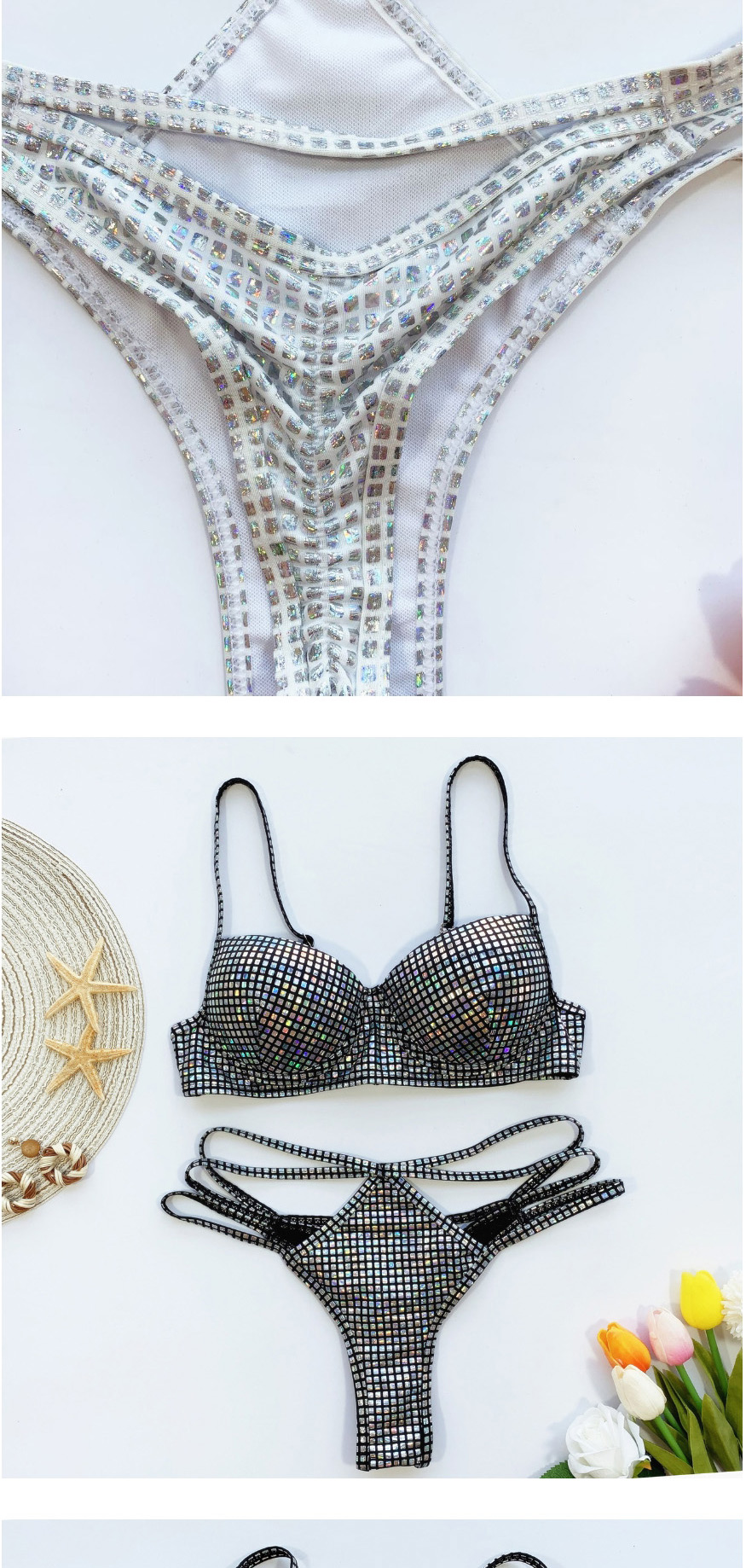 Fashion Black Glitter Sequined Cutout Swimsuit,Bikini Sets