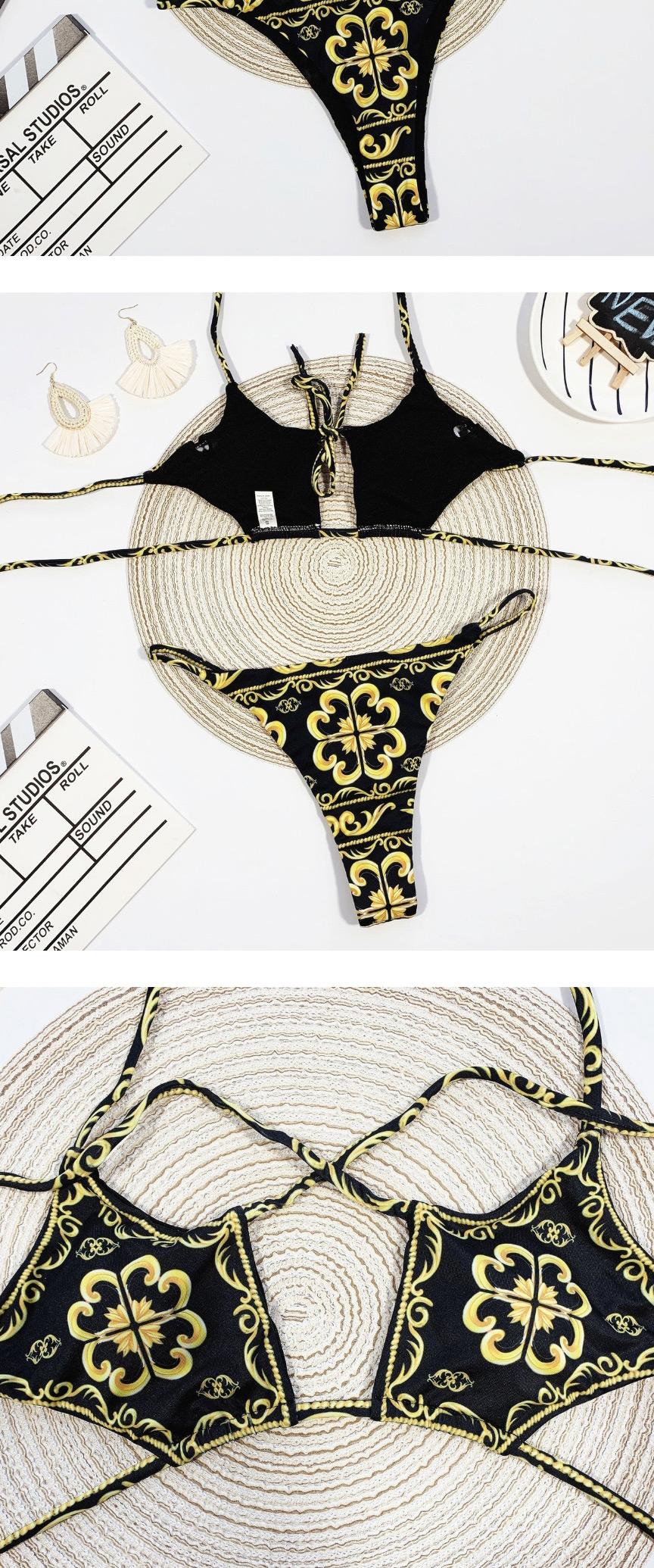Fashion Black Floral Print Tie Band Swimsuit,Bikini Sets
