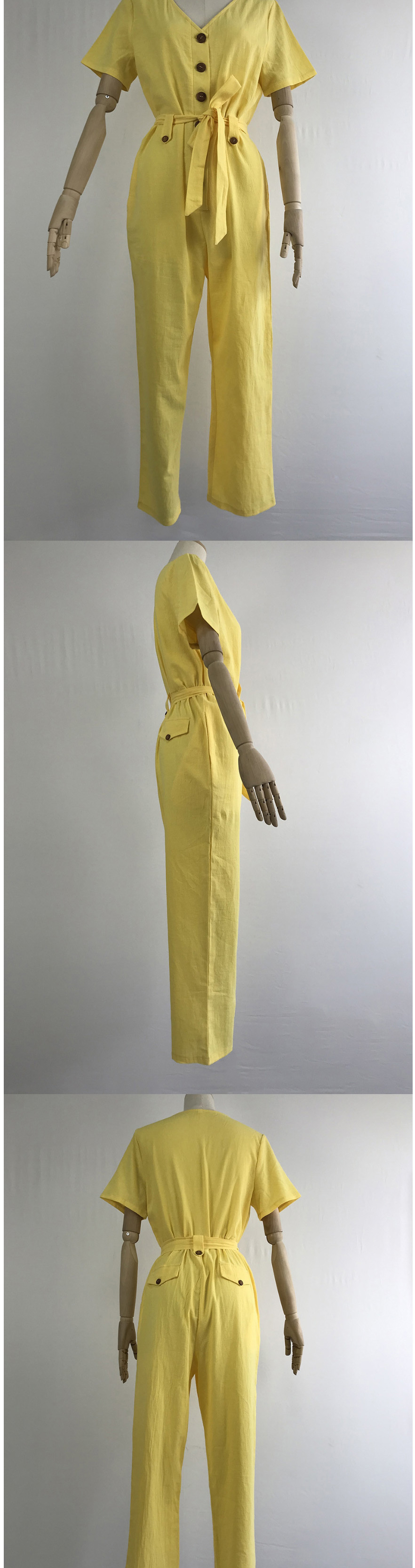 Fashion Yellow Single-breasted Belted Deep V-neck Jumpsuit,Bodysuits