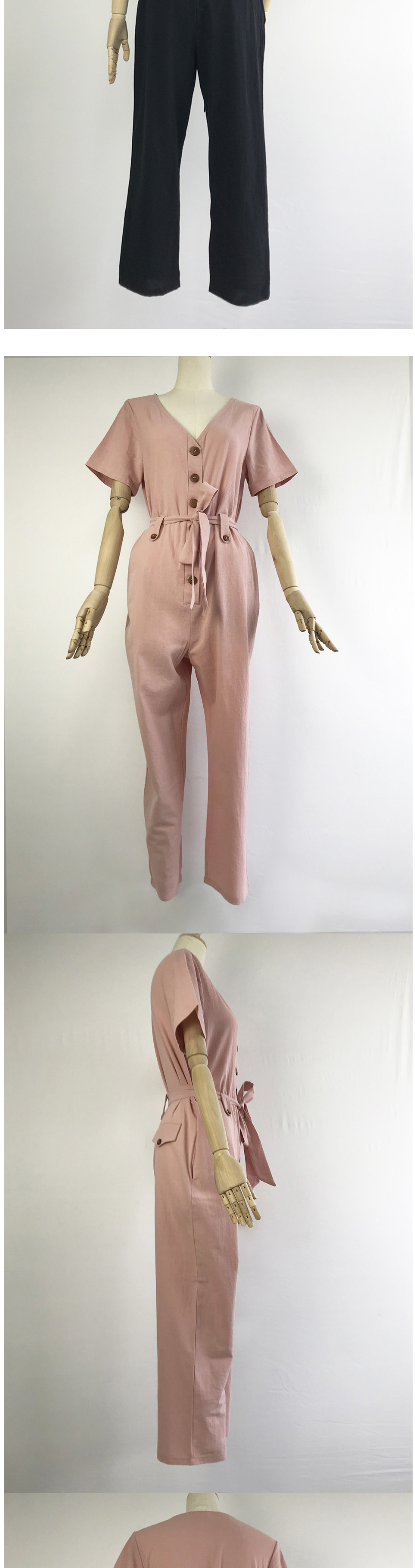 Fashion Pink Single-breasted Belted Deep V-neck Jumpsuit,Bodysuits
