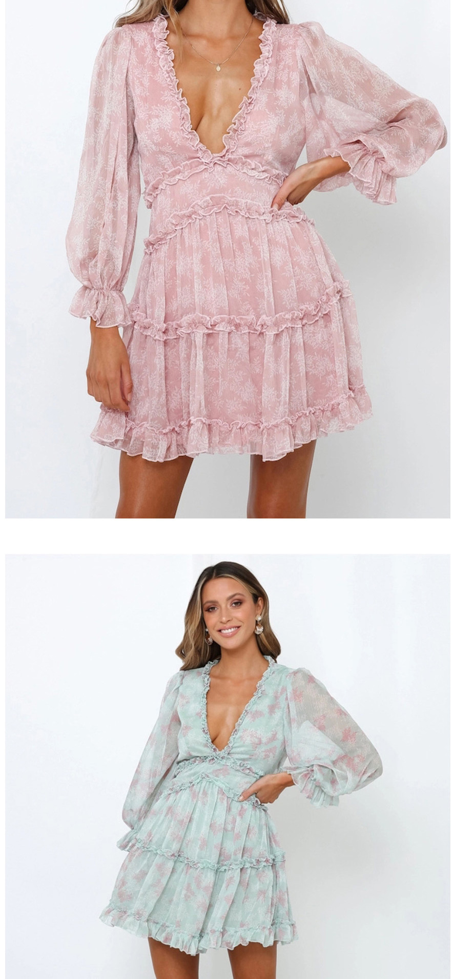 Fashion Pink Ruffled V-neck Floral Cake Skirt Lantern Sleeve Dress,Mini & Short Dresses