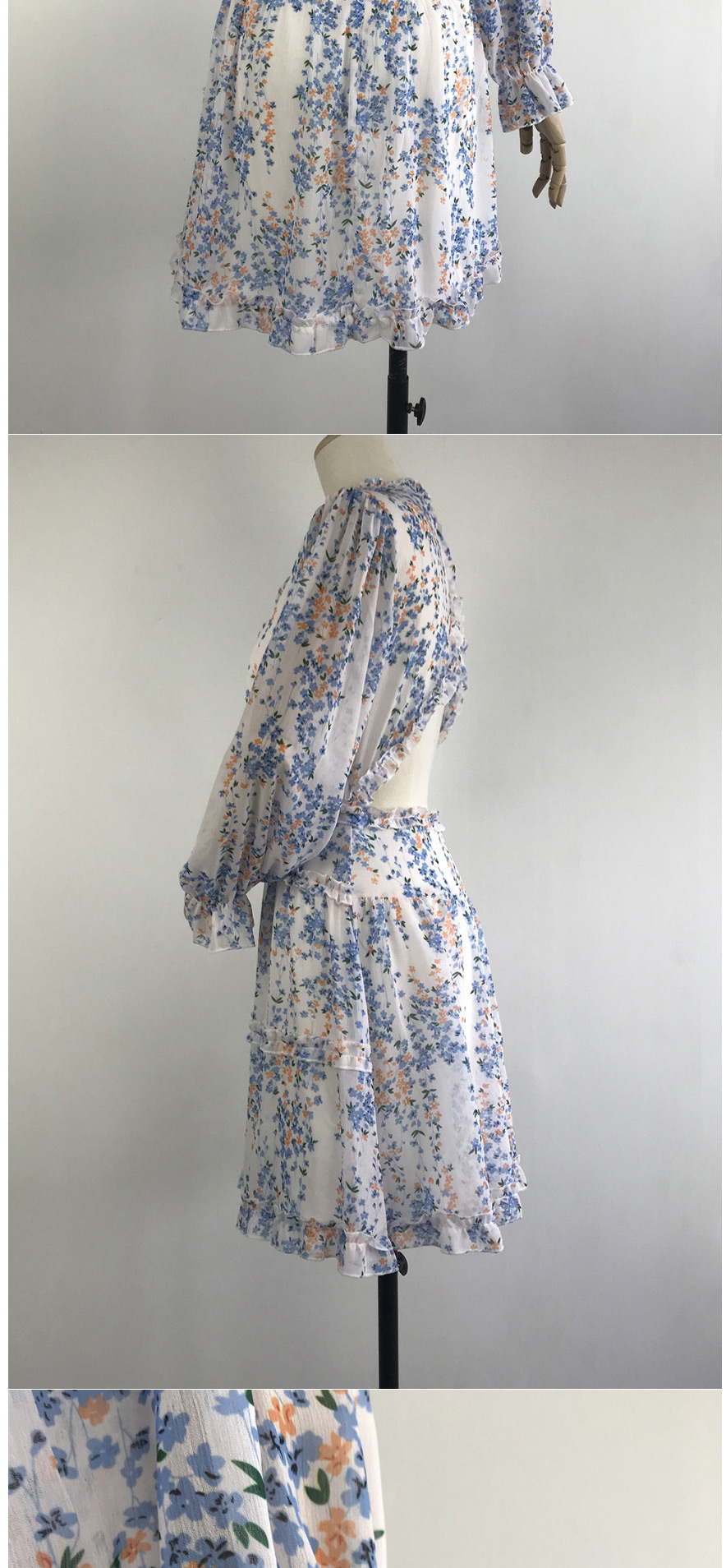 Fashion Blue Ruffled V-neck Floral Cake Skirt Lantern Sleeve Dress,Long Dress