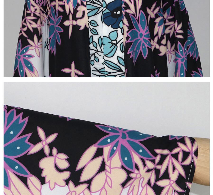 Fashion Navy Blue Chiffon Print Waist Banded Sunblock Cardigan,Sunscreen Shirts