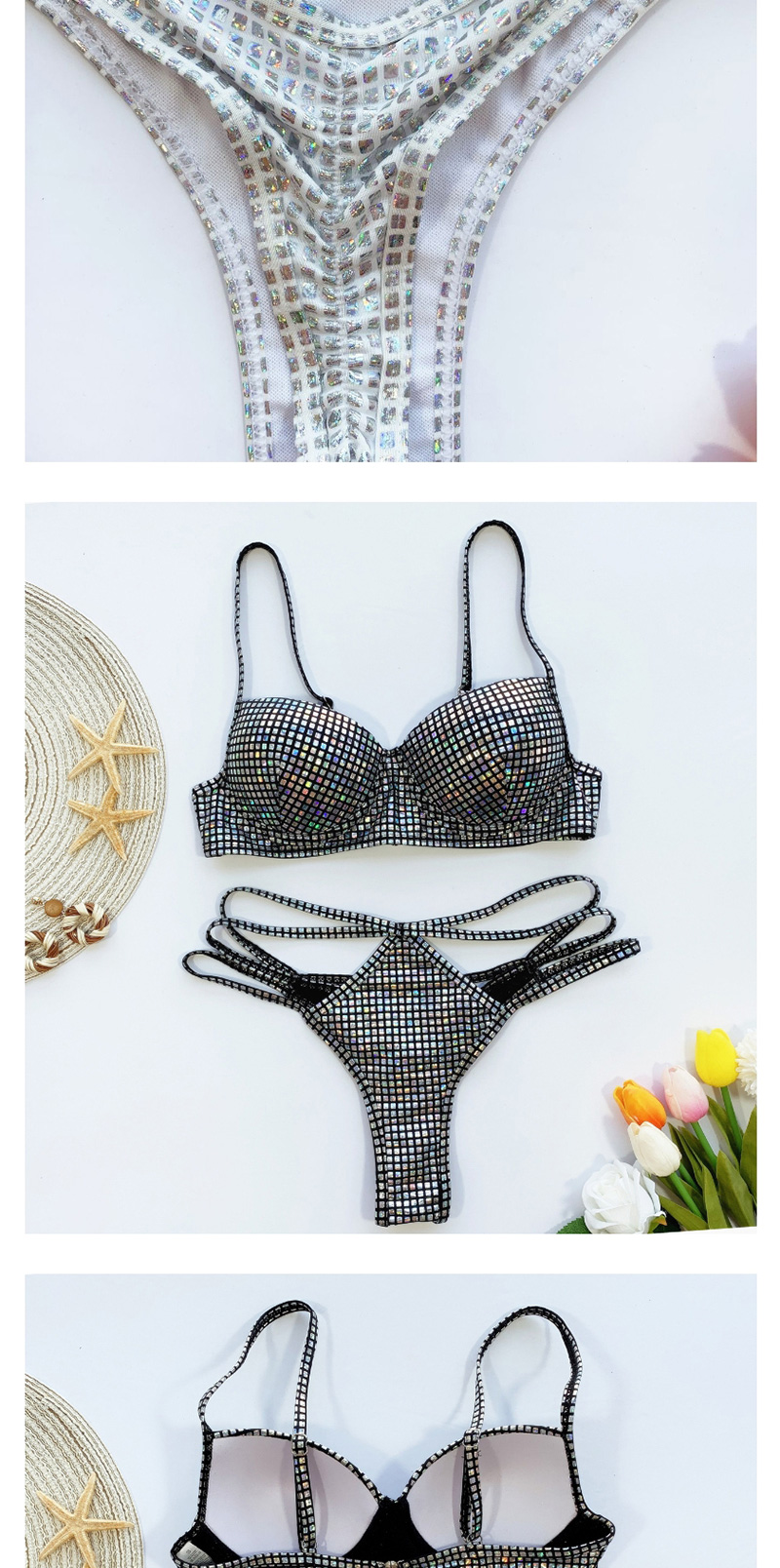 Fashion Black Glitter Sequined Cutout Split Swimsuit,Bikini Sets