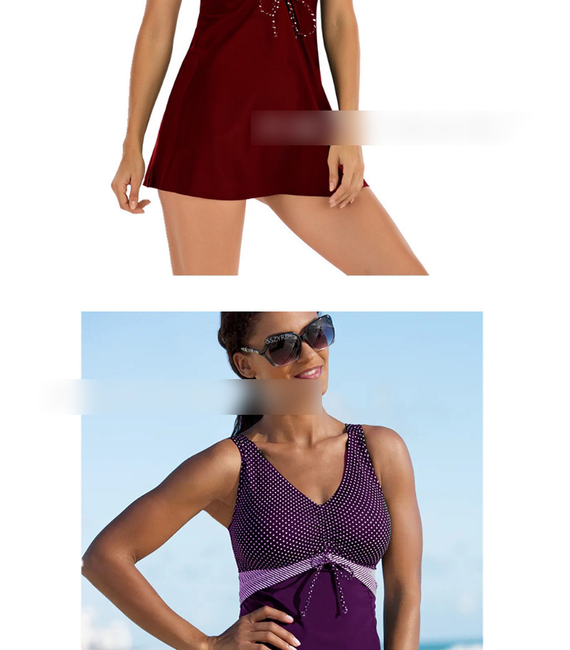 Fashion 2032 Wine Red Polka-dot Printed Paneled Skirt Split Swimsuit,Swimwear Plus Size