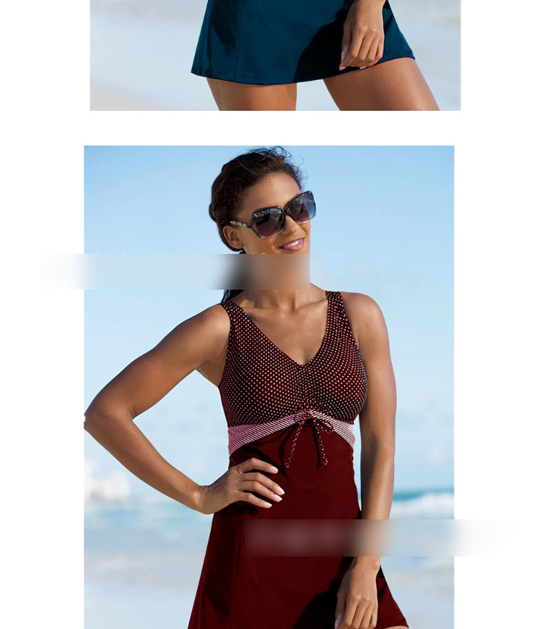 Fashion 2032 Wine Red Polka-dot Printed Paneled Skirt Split Swimsuit,Swimwear Plus Size