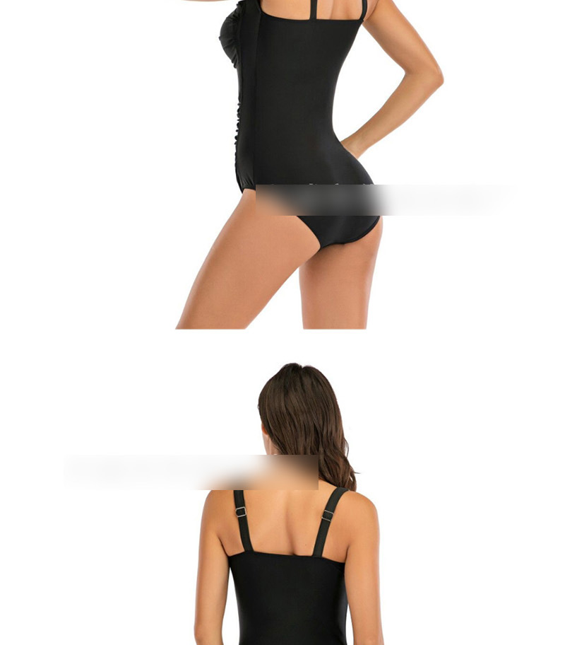 Fashion Black Strap Panel Pleated One-piece Swimsuit,Swimwear Plus Size