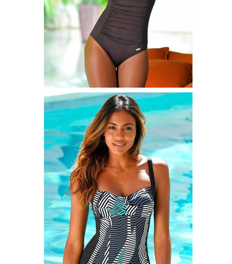 Fashion Striped Flower Printed Suspenders And Pleated One-piece Swimsuit,Swimwear Plus Size