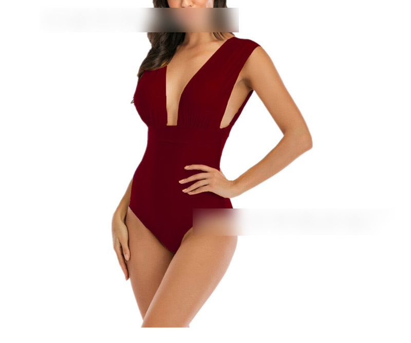 Fashion Wine Red Back Lace Up V-neck One Piece Swimsuit,Swimwear Plus Size