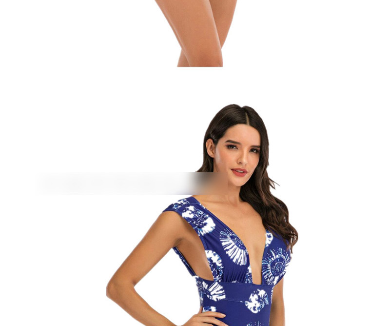 Fashion Blue Print Printed Back Lace Up V-neck Panel Plus Size One Piece Swimsuit,Swimwear Plus Size