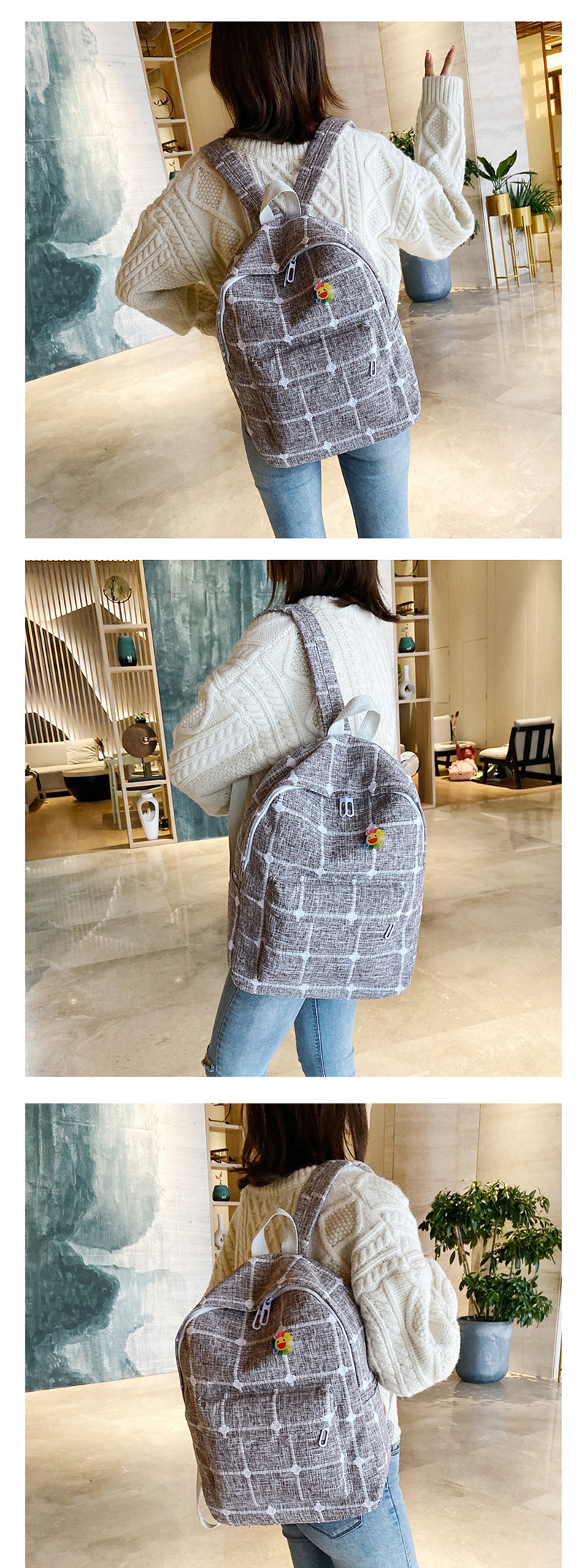 Fashion Dark Khaki Diamond Check Nylon Sun Flower Backpack,Backpack