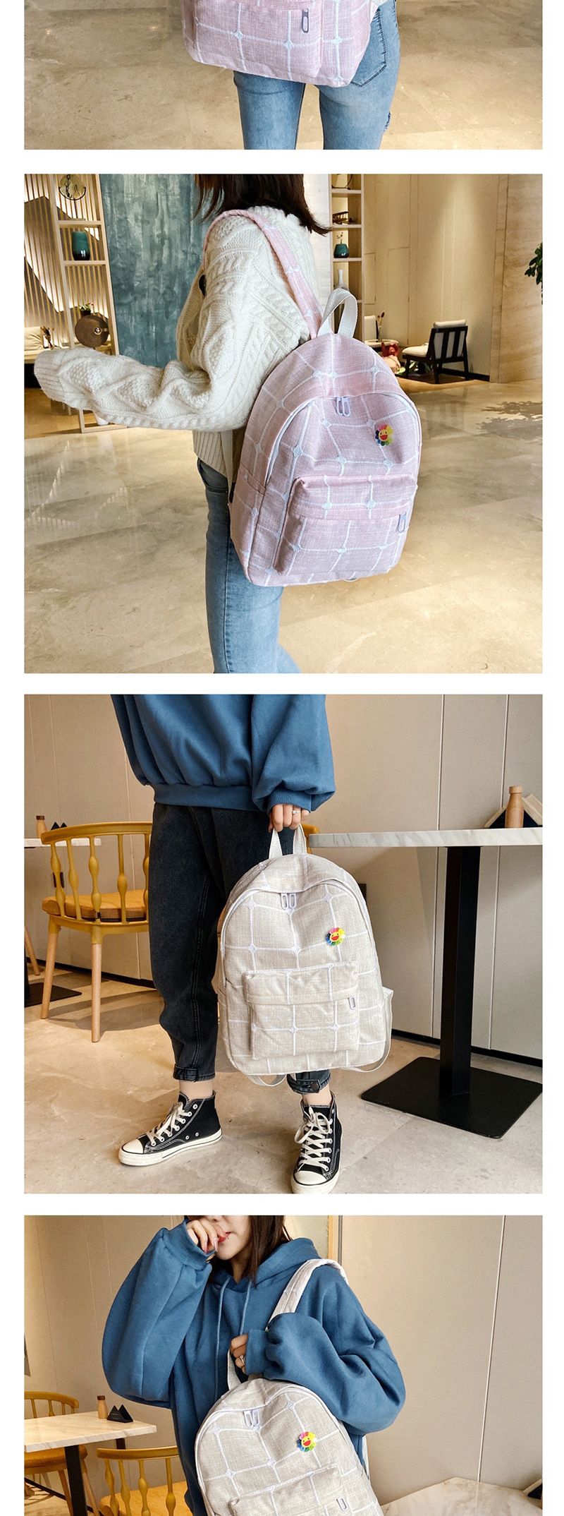 Fashion Light Grey Diamond Check Nylon Sun Flower Backpack,Backpack