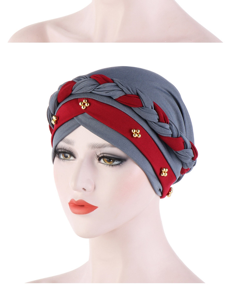 Fashion Gray + Wine Red Two-tone Braided Contrast Beaded Turban Hat,Fashion Anklets