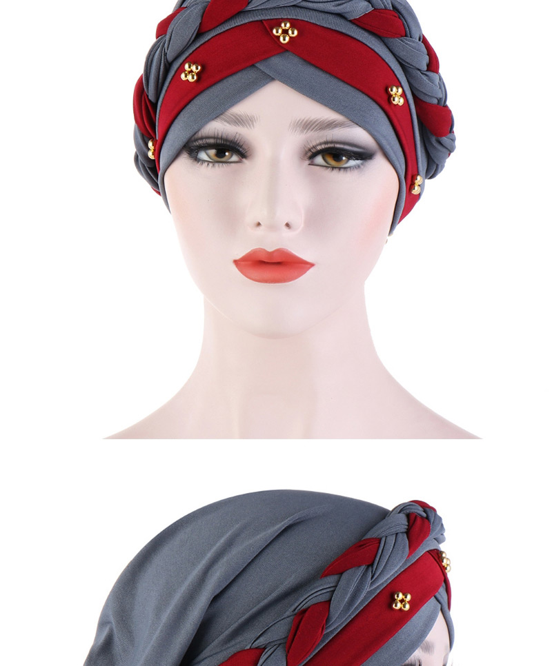 Fashion Gray + Wine Red Two-tone Braided Contrast Beaded Turban Hat,Fashion Anklets