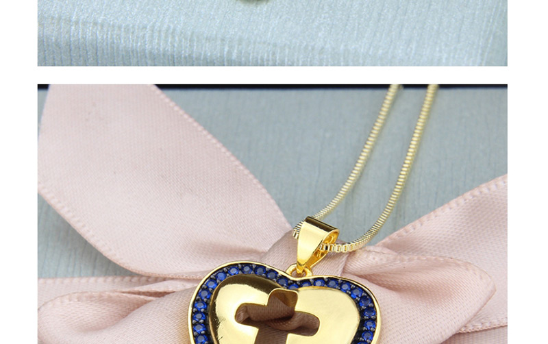 Fashion Gold-plated Blue Zirconium Heart Cutout Cross Necklace With Diamonds,Necklaces