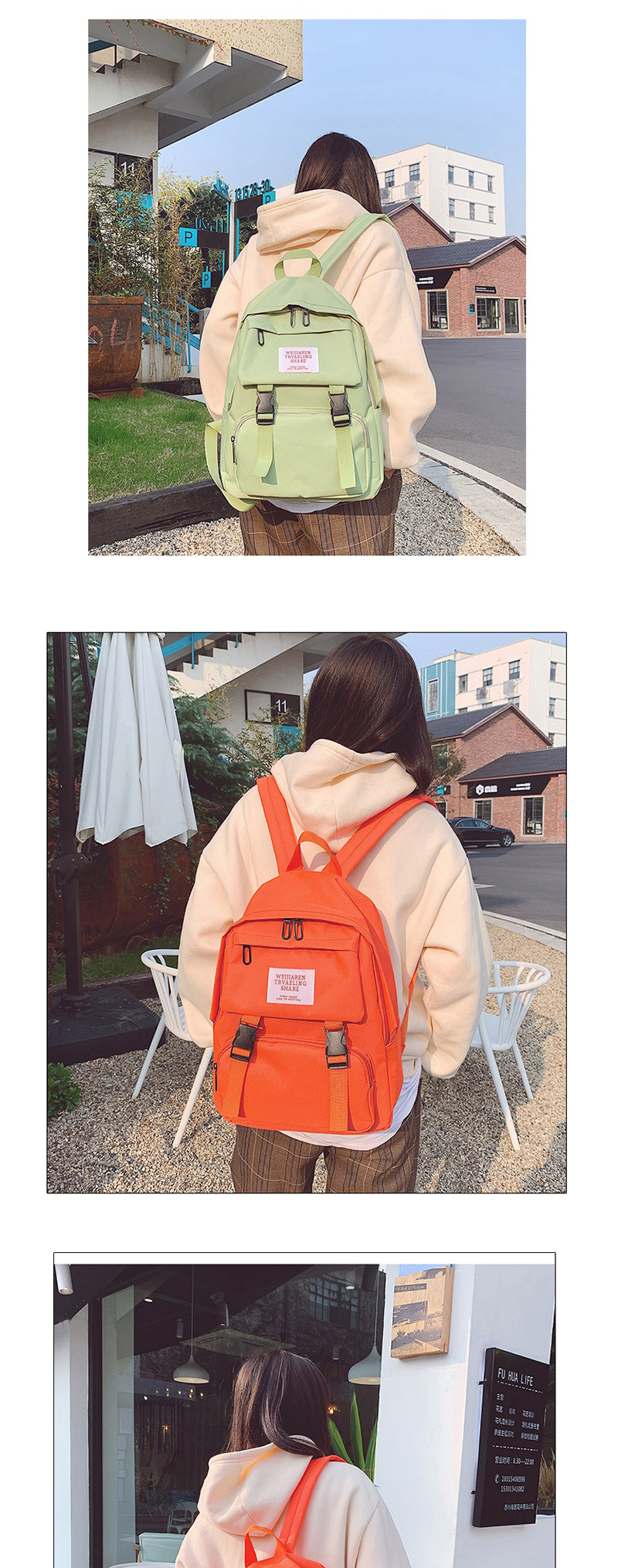 Fashion Green Oxford-spun Letter-stamped Buckle Backpack,Backpack