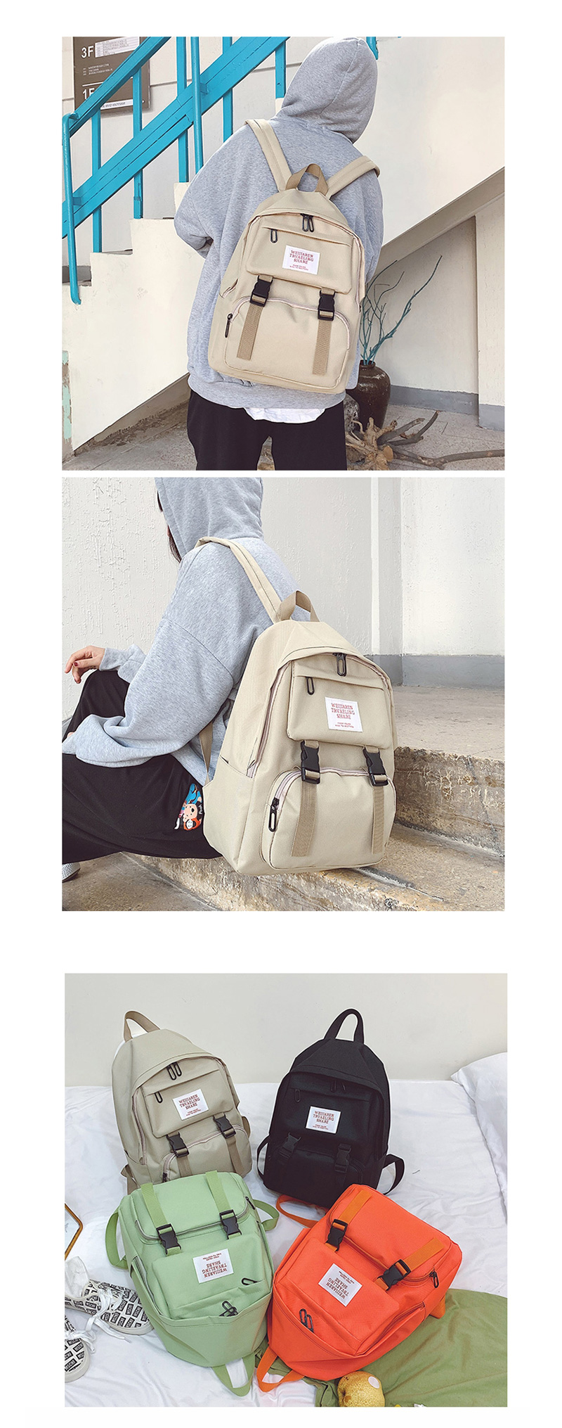 Fashion Black Oxford-spun Letter-stamped Buckle Backpack,Backpack