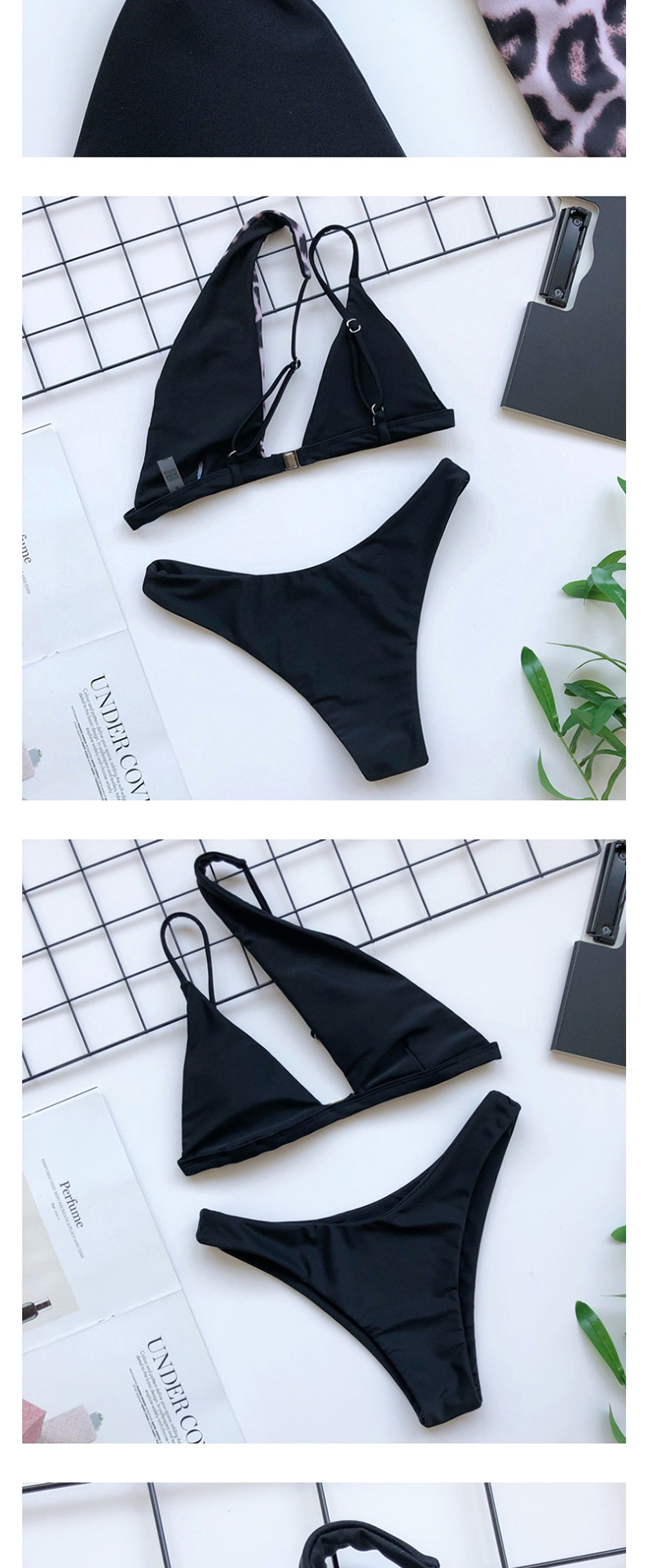 Fashion Black + Leopard Leopard Print One-shoulder Cutout Low-waist Split Swimsuit,Bikini Sets