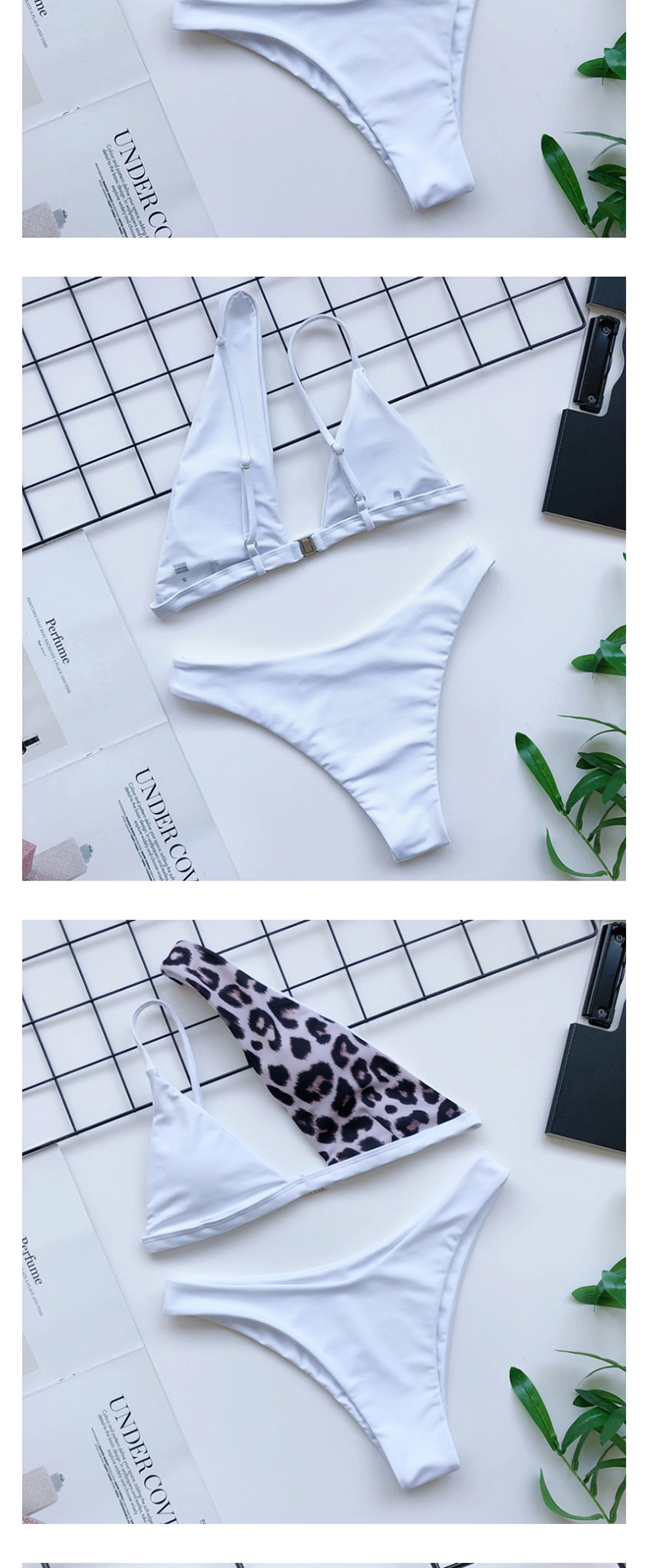 Fashion Black + Leopard Leopard Print One-shoulder Cutout Low-waist Split Swimsuit,Bikini Sets