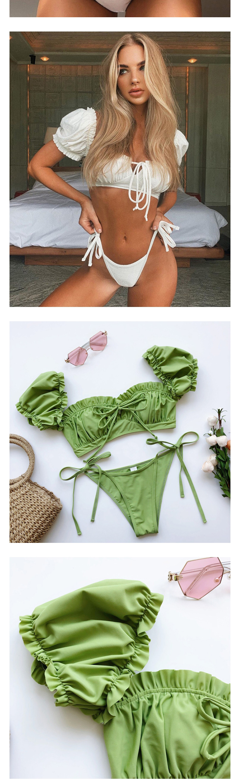 Fashion Green Fungus Puff Sleeve Tie Band Split Swimsuit,Bikini Sets