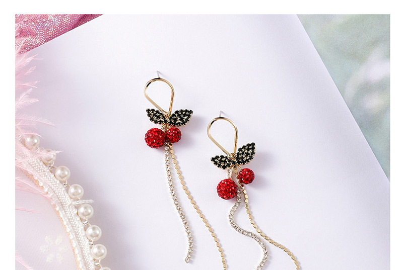 Fashion Red Cherry And Diamond Tassel Long Earrings,Drop Earrings