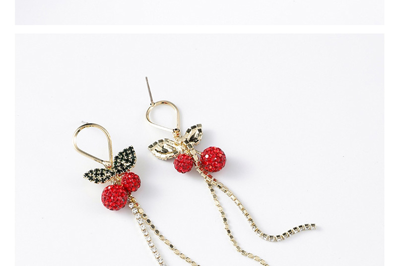 Fashion Red Cherry And Diamond Tassel Long Earrings,Drop Earrings
