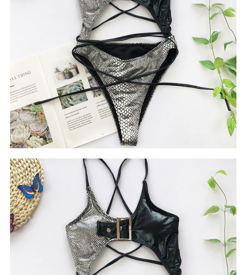 Fashion Silver Crocodile Metal Buckle Tie Knot Cutout One Piece Swimsuit,One Pieces