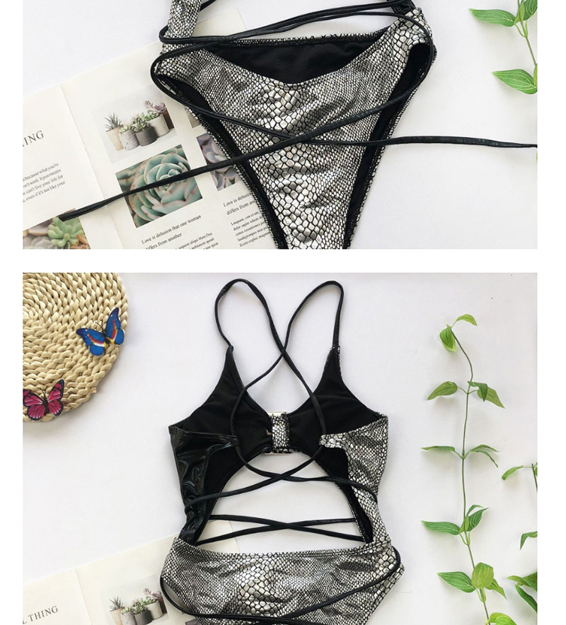 Fashion Silver Crocodile Metal Buckle Tie Knot Cutout One Piece Swimsuit,One Pieces