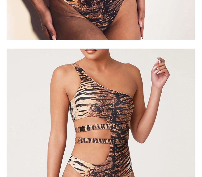 Fashion Tiger Pattern Tiger Print One-shoulder Metal Buckle One Piece Swimsuit,One Pieces