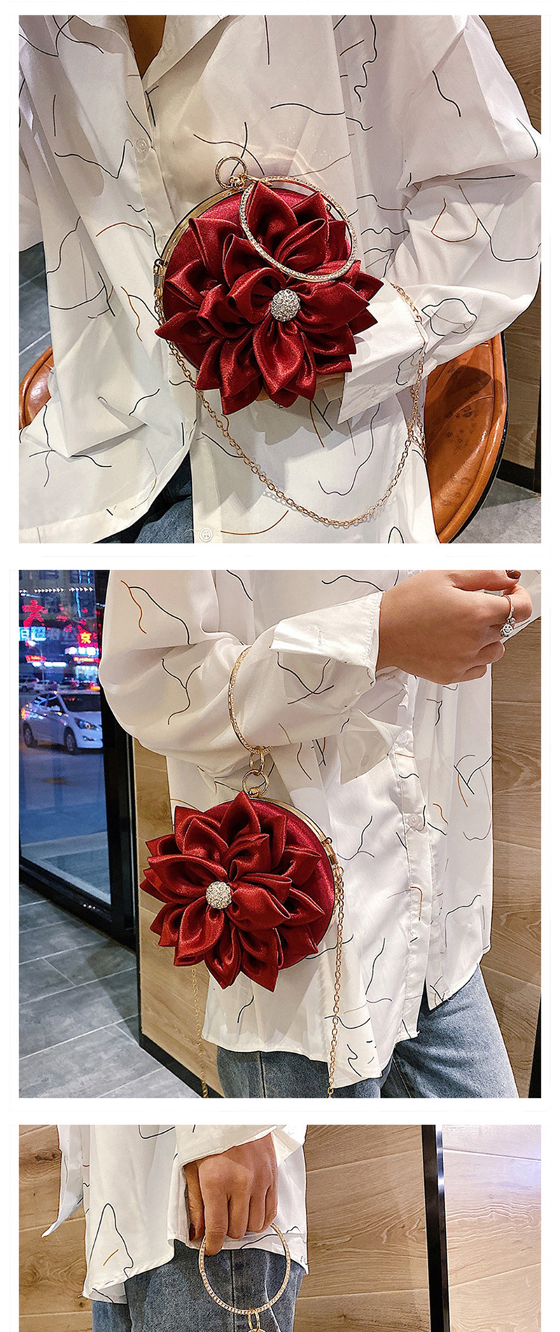 Fashion Creamy-white Rhinestone Flower Chain Clip Shoulder Crossbody Bag,Shoulder bags
