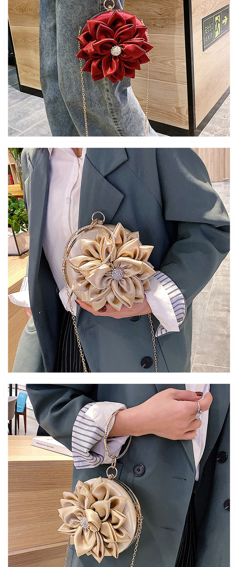 Fashion Champagne Rhinestone Flower Chain Clip Shoulder Crossbody Bag,Shoulder bags